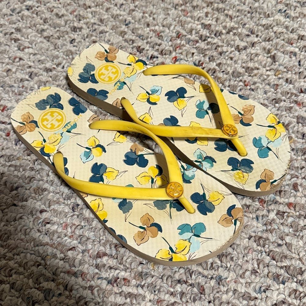 Tory Burch Floral Flip Flops Yellow Floral Slim Strap- Size 8